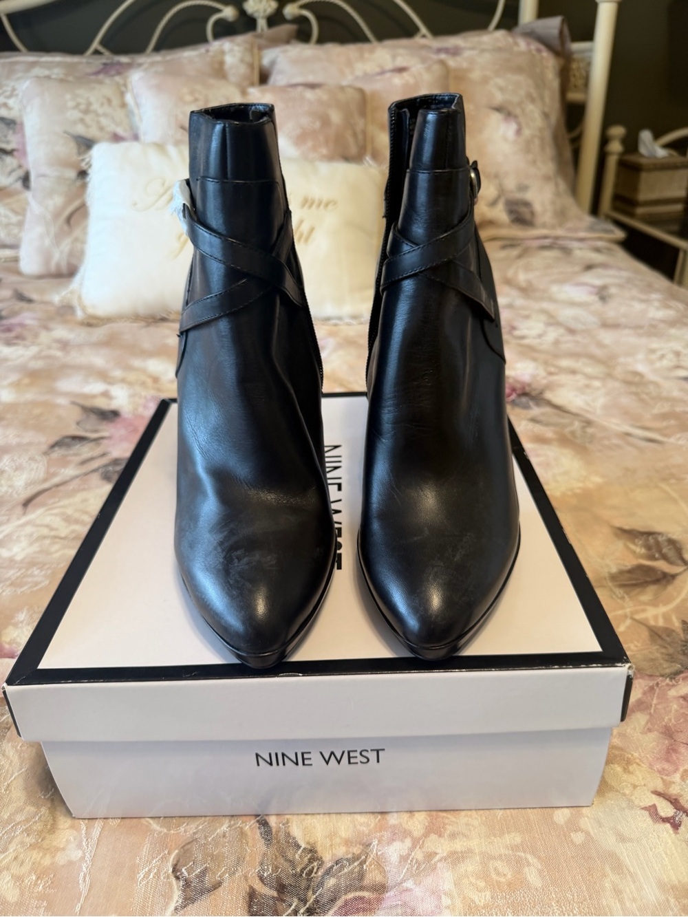 Nine West Black Leather Pointed Ankle Booties with Wrap Strap